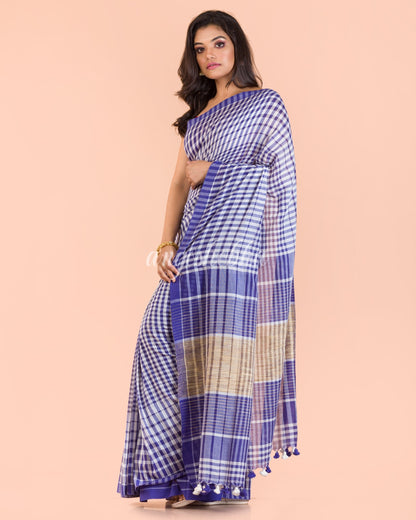 Women's Blue White Handwoven Cotton Saree