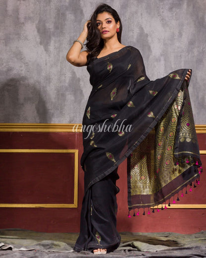 Women's Black Handwoven Linen Saree