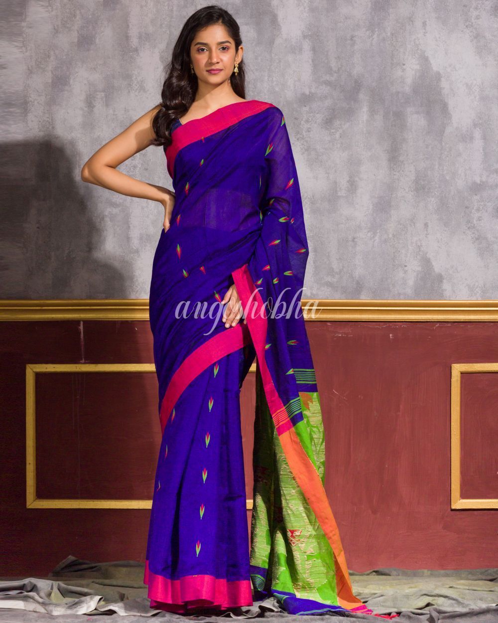 Women's Blue Blended Cotton Jamdani Saree