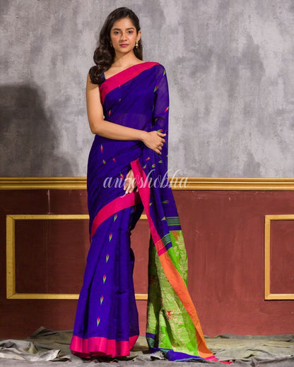Women's Blue Blended Cotton Jamdani Saree