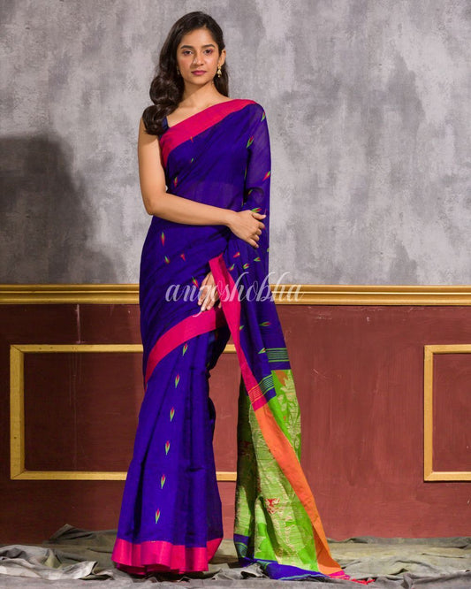 Women's Blue Blended Cotton Jamdani Saree
