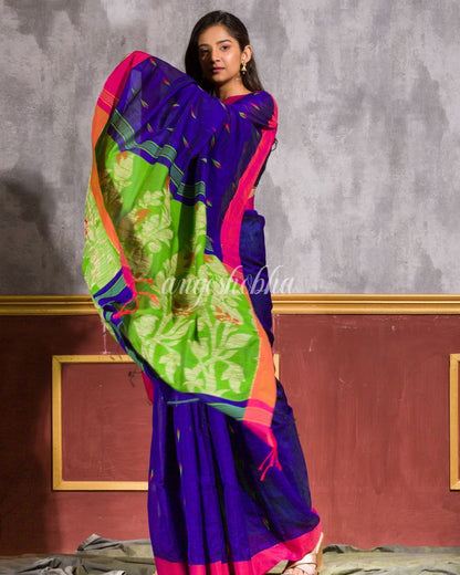 Women's Blue Blended Cotton Jamdani Saree