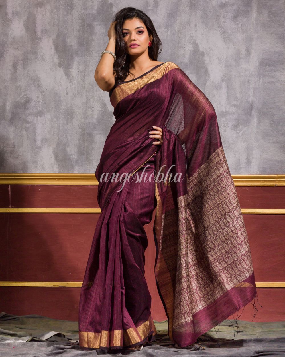 Women's Maroon Matka Silk Tangail Saree