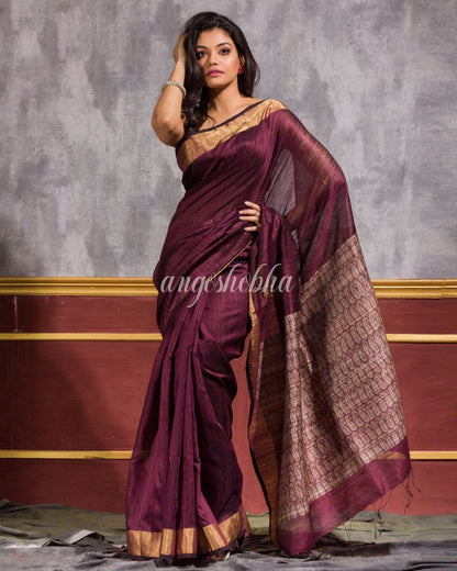 Women's Maroon Matka Silk Tangail Saree