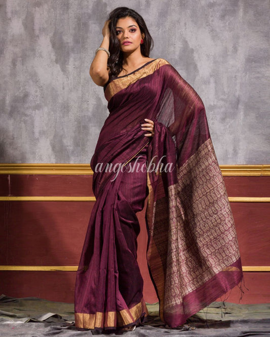 Women's Maroon Matka Silk Tangail Saree