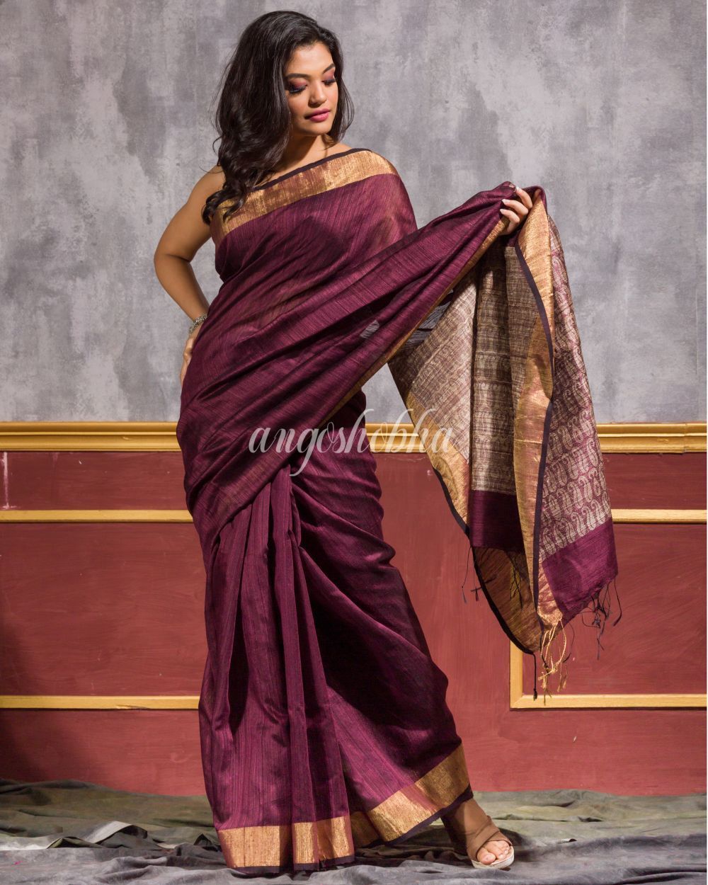 Women's Maroon Matka Silk Tangail Saree