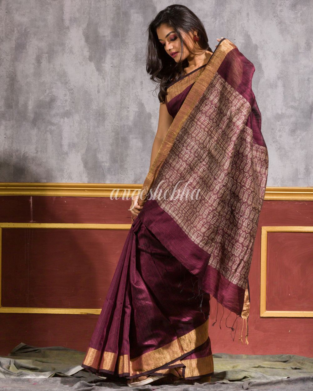 Women's Maroon Matka Silk Tangail Saree