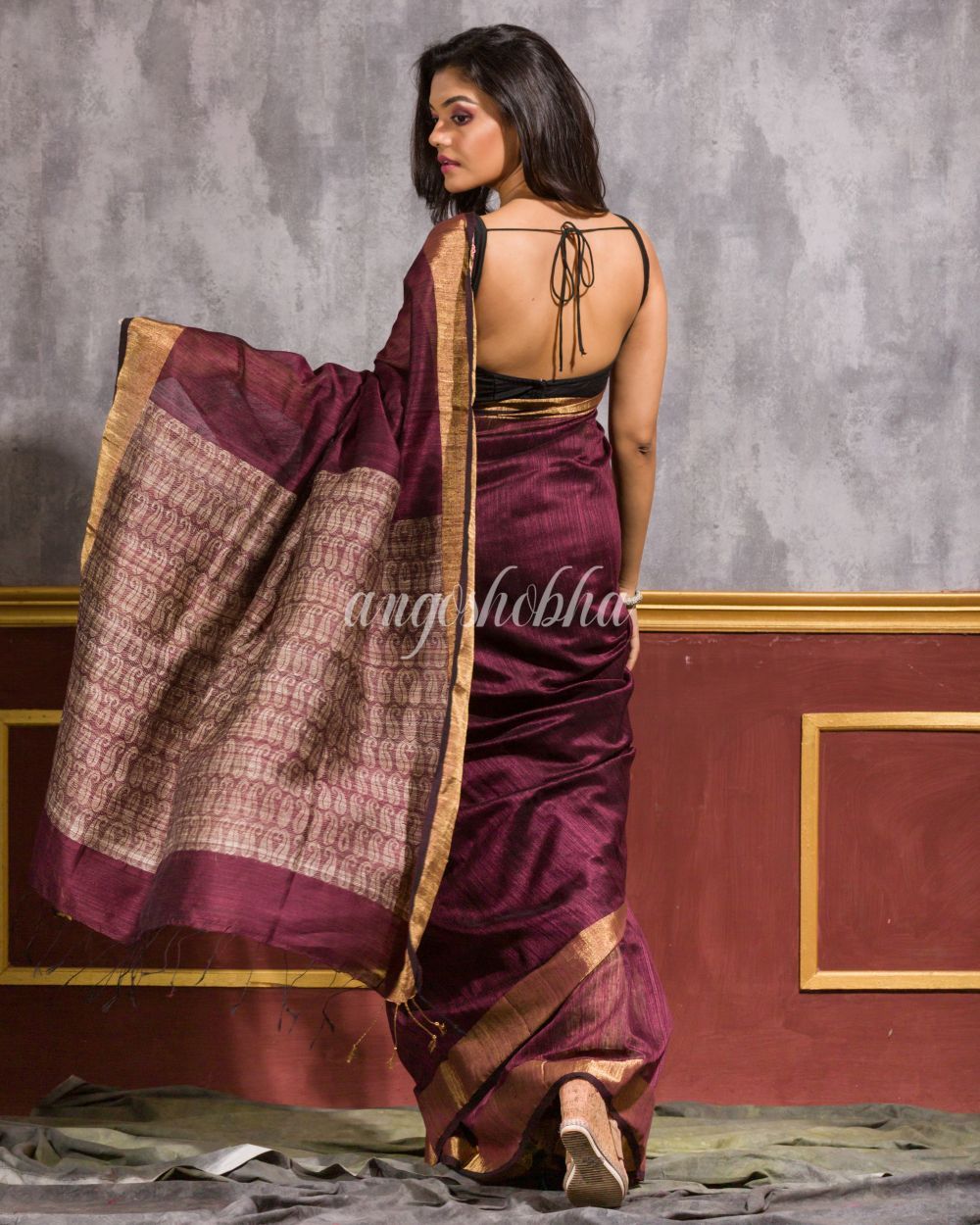 Women's Maroon Matka Silk Tangail Saree