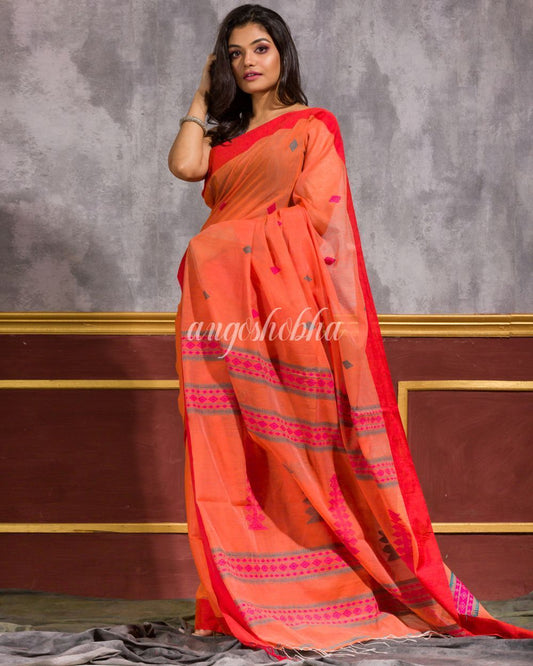 Women's Orange Handwoven Blended Cotton Saree