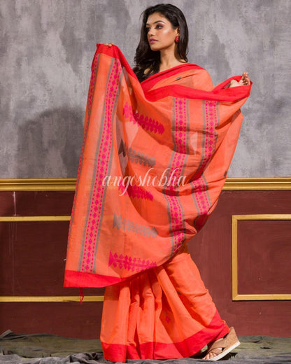Women's Orange Handwoven Blended Cotton Saree