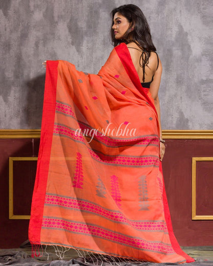 Women's Orange Handwoven Blended Cotton Saree