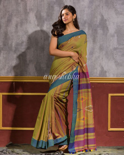 Women's Pink Green handwoven Cotton Jamdani Saree