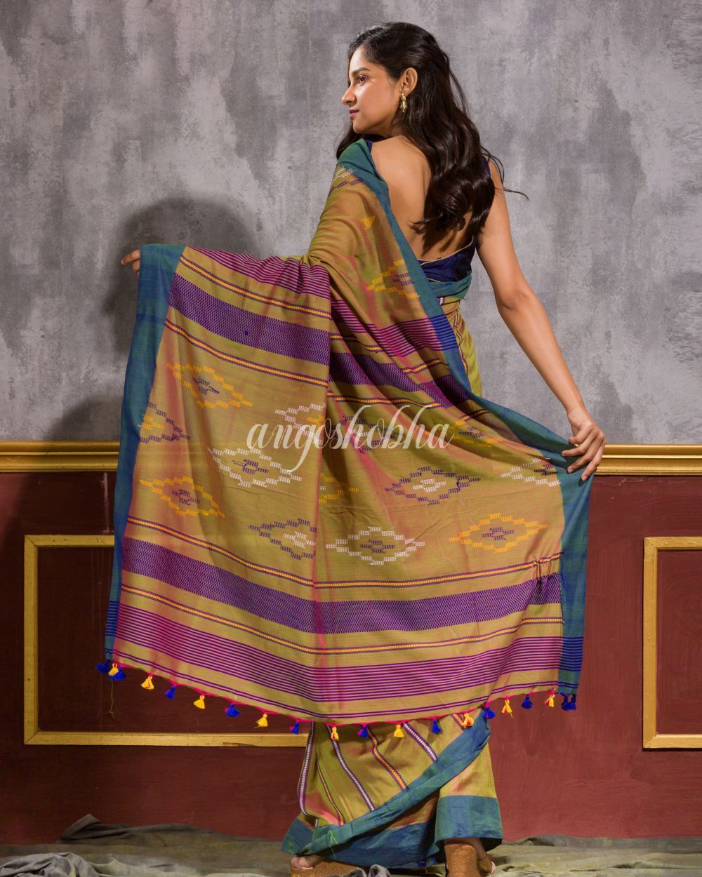 Women's Pink Green handwoven Cotton Jamdani Saree