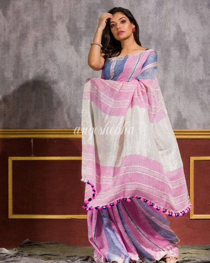 Women's Blue Pink Handwoven Linen Saree