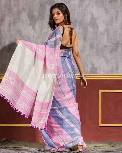 Women's Blue Pink Handwoven Linen Saree