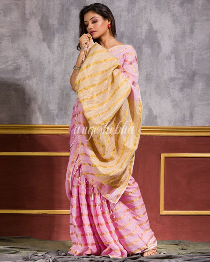 Women's Pink Handwoven Linen Saree