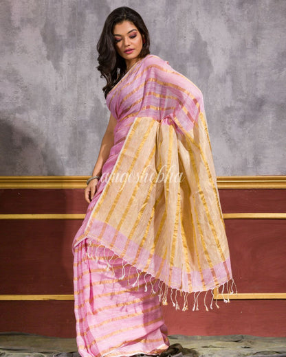 Women's Pink Handwoven Linen Saree