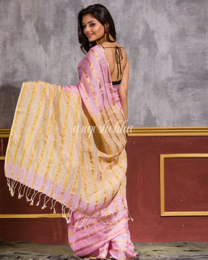 Women's Pink Handwoven Linen Saree