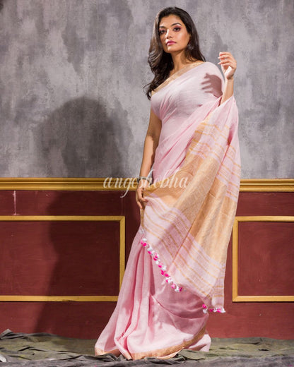 Women's Golden Zari Border Pink Handwoven Linen Saree