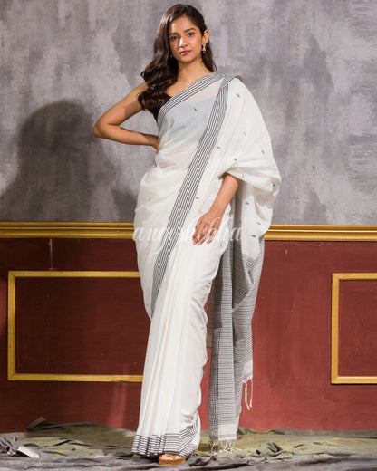 Women's White Handwoven Cotton Saree