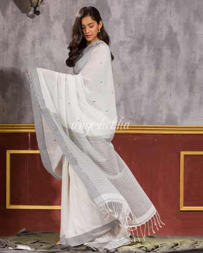 Women's White Handwoven Cotton Saree