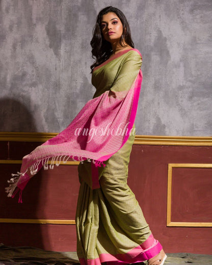 Women's Yellow Green Handwoven Cotton Saree