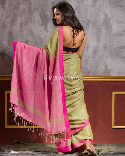 Women's Yellow Green Handwoven Cotton Saree