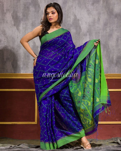 Women's Blue Blended Cotton Dhakai Jamdani Saree