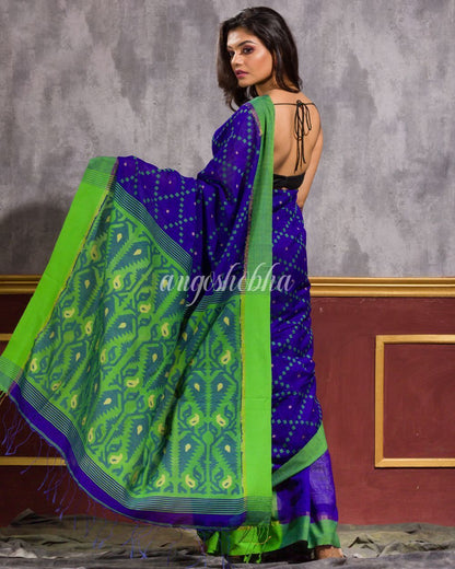 Women's Blue Blended Cotton Dhakai Jamdani Saree