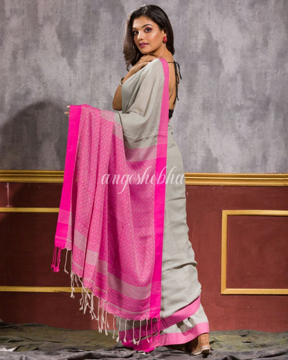 Women's Silver Grey Handwoven Cotton Saree