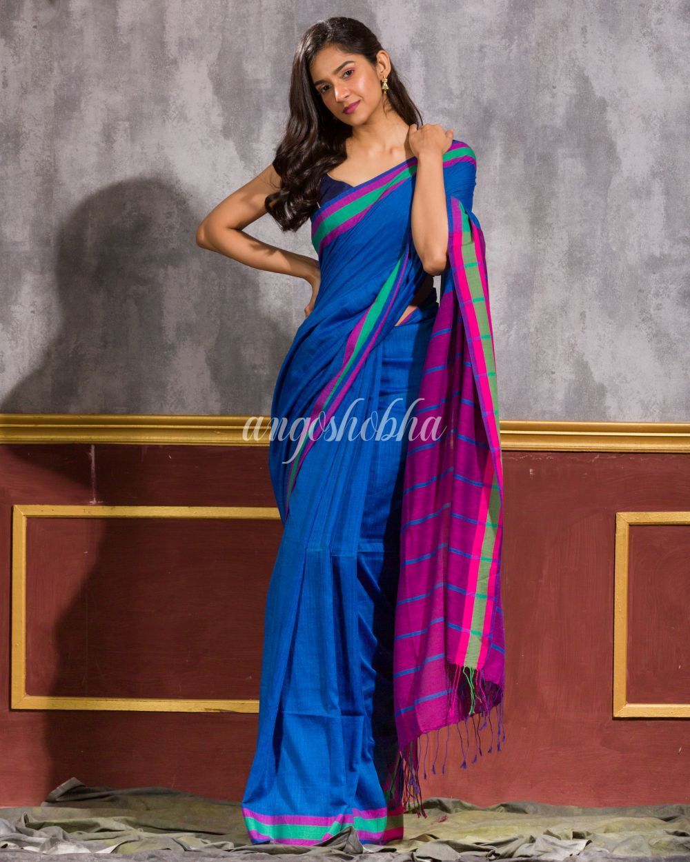 Women's Dark Blue Handwoven Cotton Saree