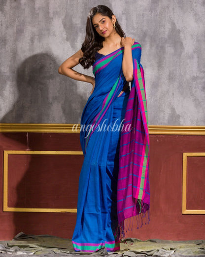 Women's Dark Blue Handwoven Cotton Saree