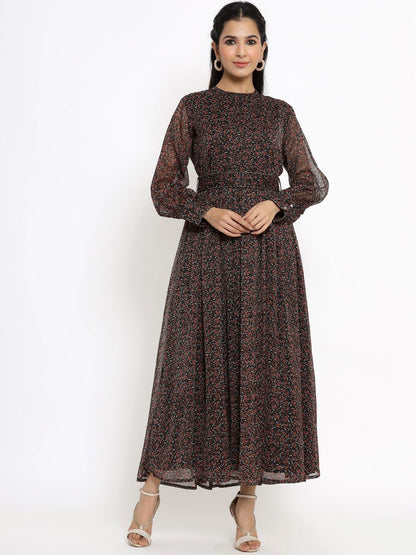 Women's Black Alphin Chiffon Flared Printed Dress With Tie-up Blet2