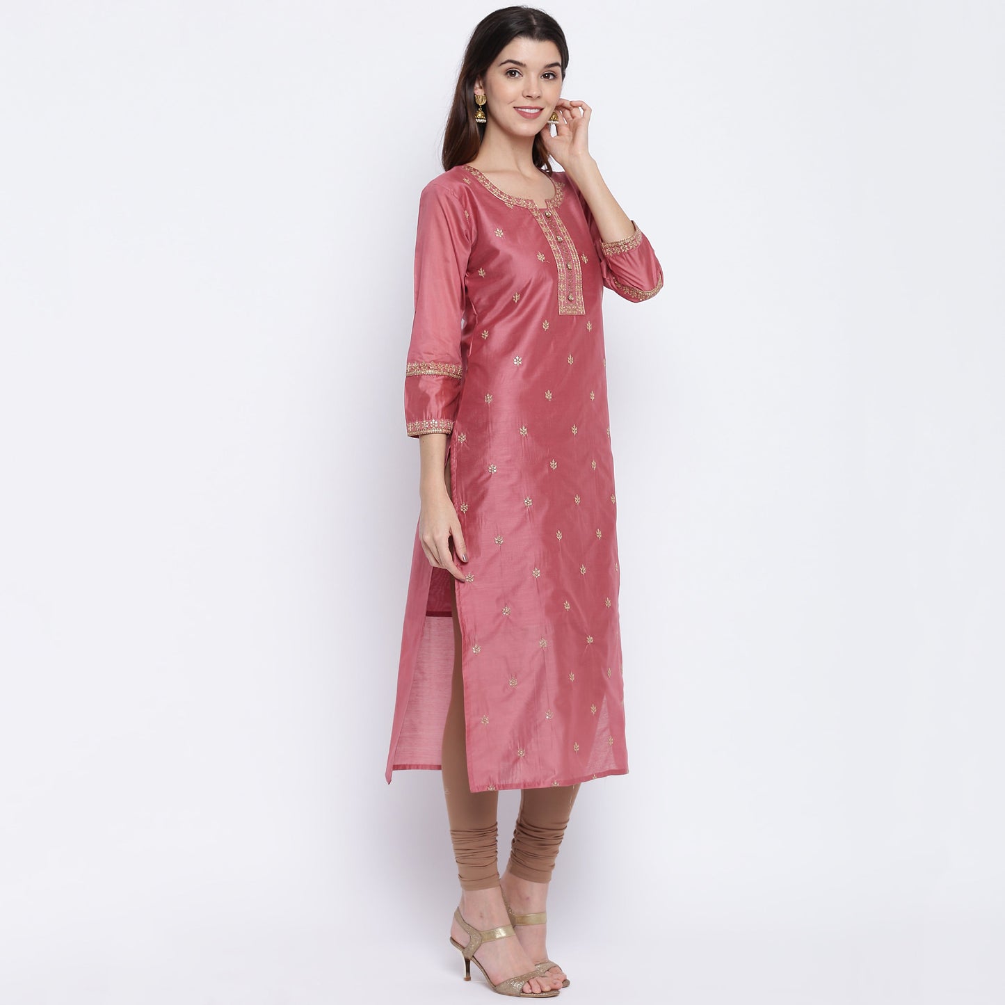 Women's Sequence Work/Hand Work Straight Chanderi Dark Peach Kurta Only