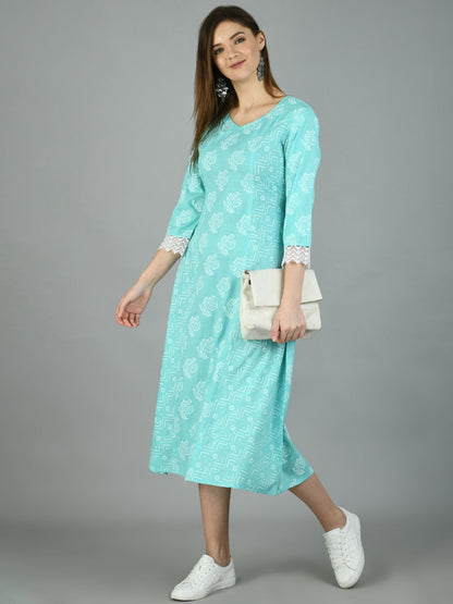 Women's Sky Blue Cotton Printed Full Sleeve V Neck Casual Dress