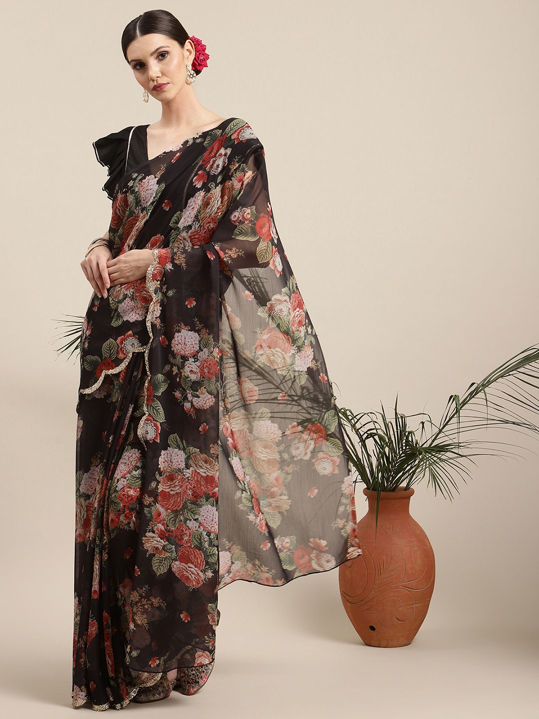 Women's Black Chiffon Digital Print Floral Saree