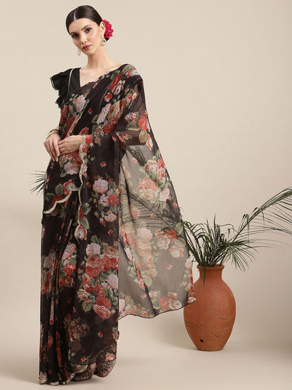 Women's Black Chiffon Digital Print Floral Saree