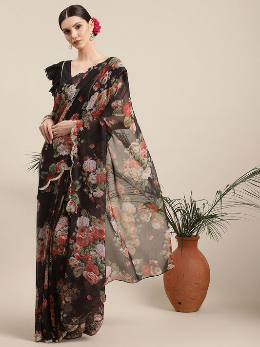 Women's Black Chiffon Digital Print Floral Saree