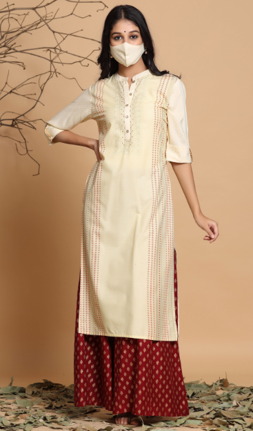 Women's Ivory Rayon Printed Straight Kurta With Mask