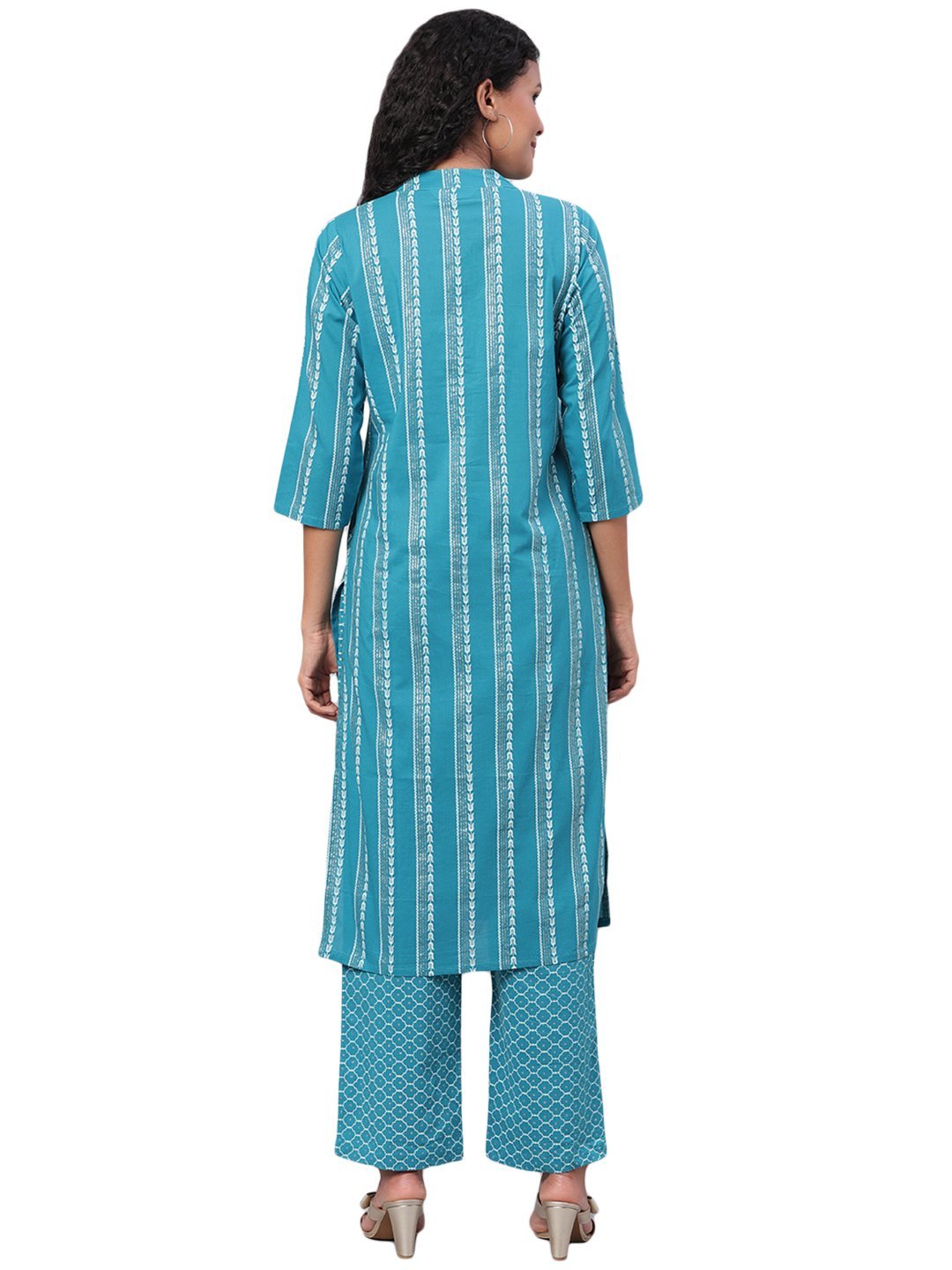Women's Blue Printed 3/4 Sleeve Cotton Round Neck Casual Kurta Pant Set
