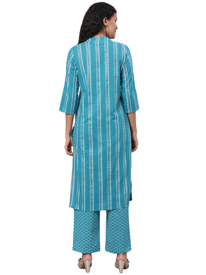 Women's Blue Printed 3/4 Sleeve Cotton Round Neck Casual Kurta Pant Set