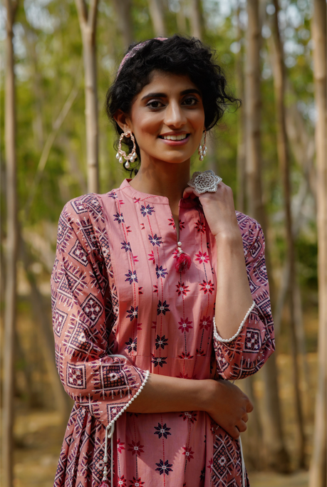 Women's Peach Cambric & Cotton Flex Printed A-Line Kurta Pant Dupatta Set