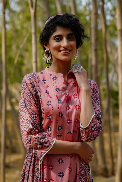 Women's Peach Cambric & Cotton Flex Printed A-Line Kurta Pant Dupatta Set