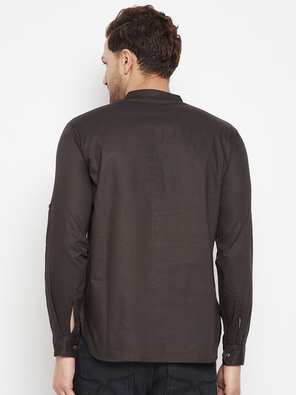 Men's Brown Color Long Kurta with Band Collar