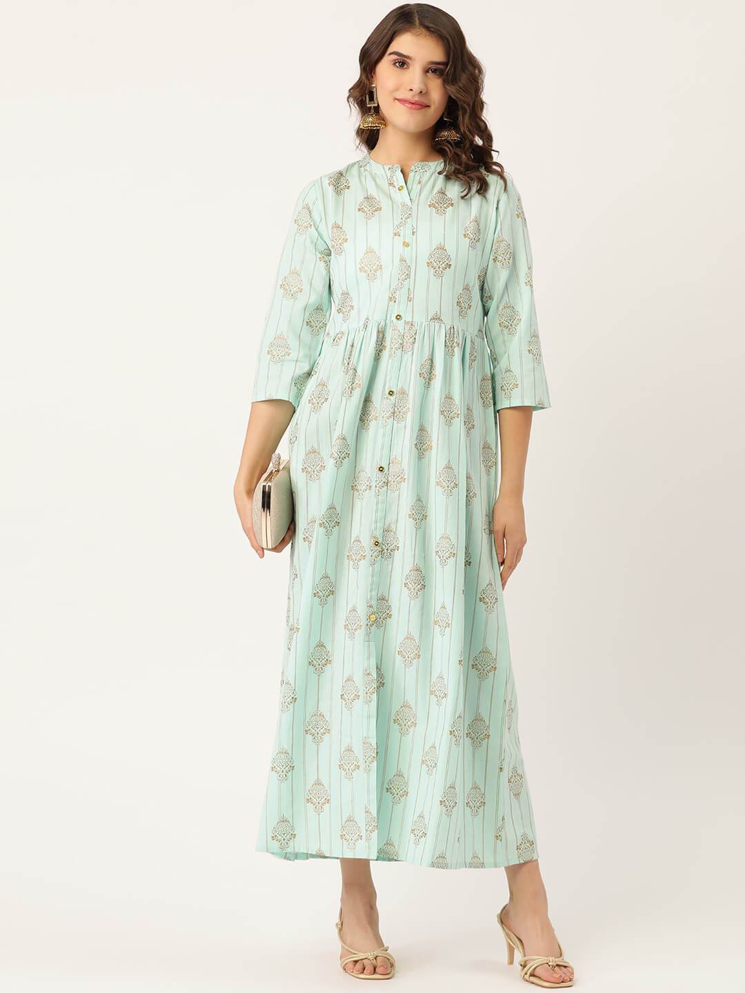 Women's Cotton Gold Printed & Button detailing Anarkali Kurta