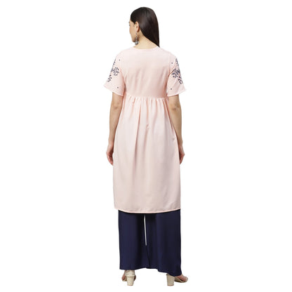 Women's Pink Ravera Crepe 100% Polyester Printed Half Sleeve Round Neck Casual Kurta Only