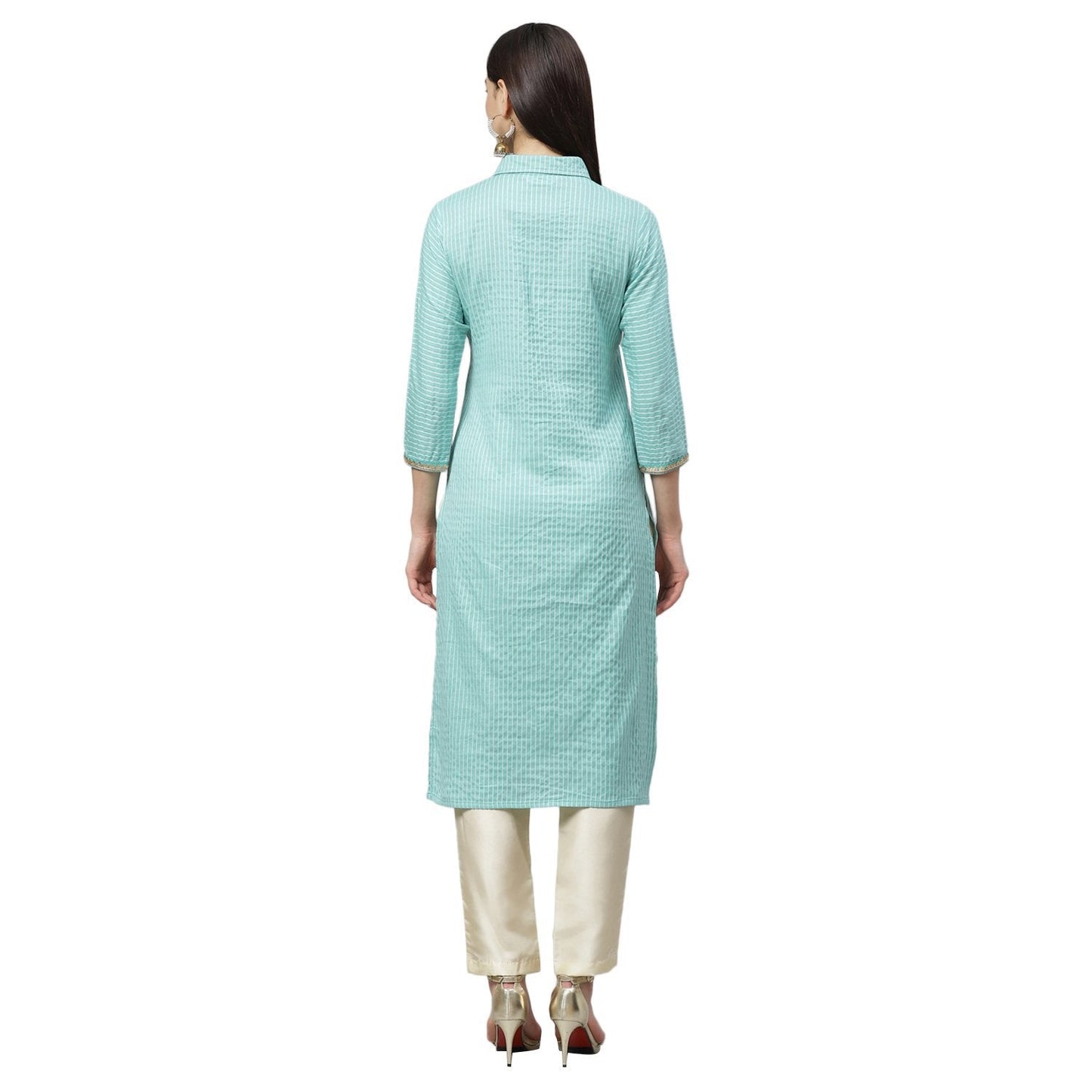 Women's Green Cotton Check 3/4 Sleeve Shirt Collar Casual Kurta Only