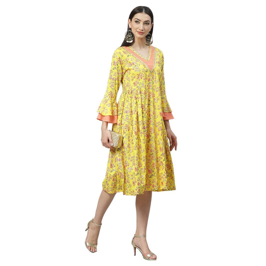 Women Yellow Cotton Printed Dress by Myshka (