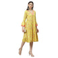 Women Yellow Cotton Printed Dress by Myshka (