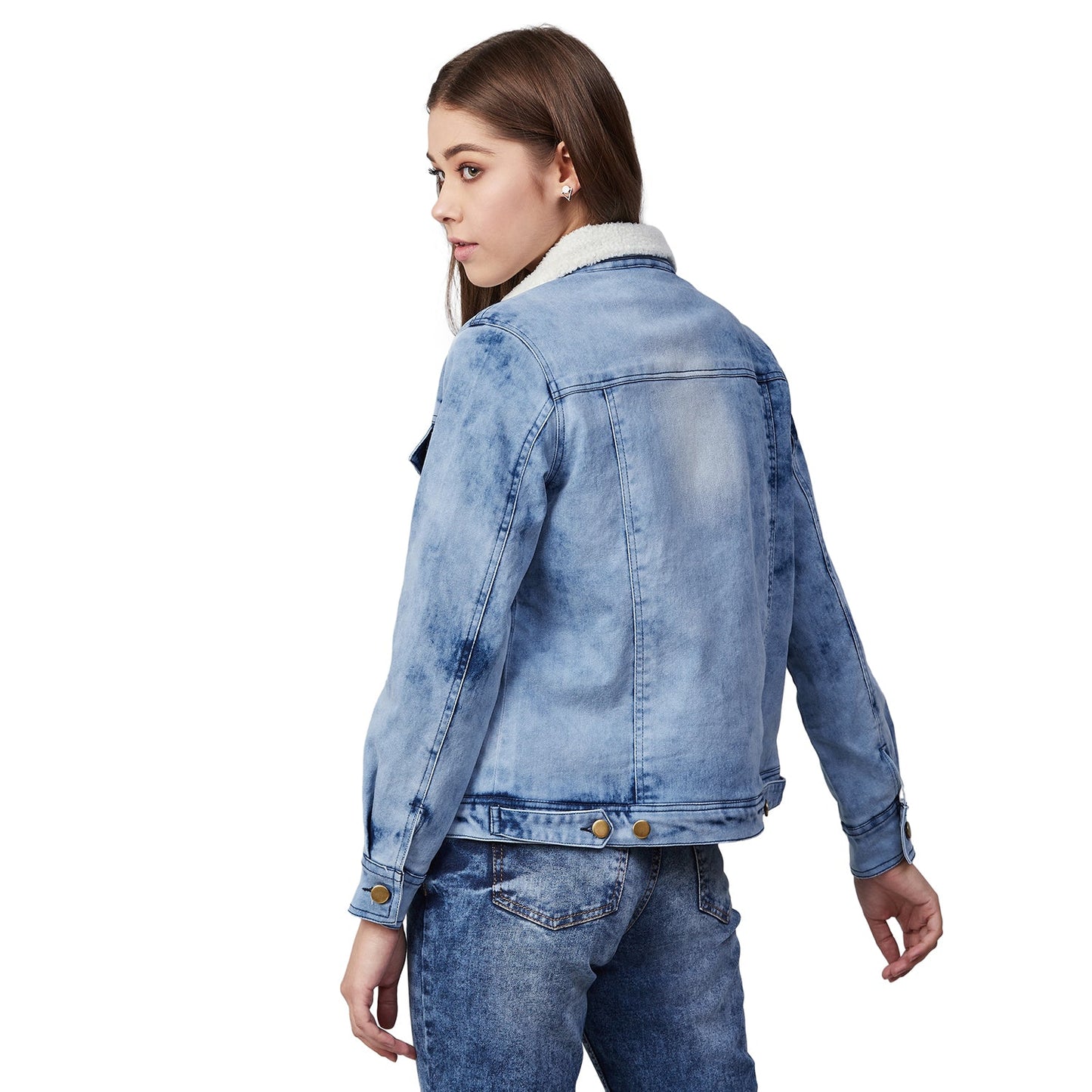 Women's Denim Jacket with Soft Warm Faux Fur Lining inside - Ice Blue